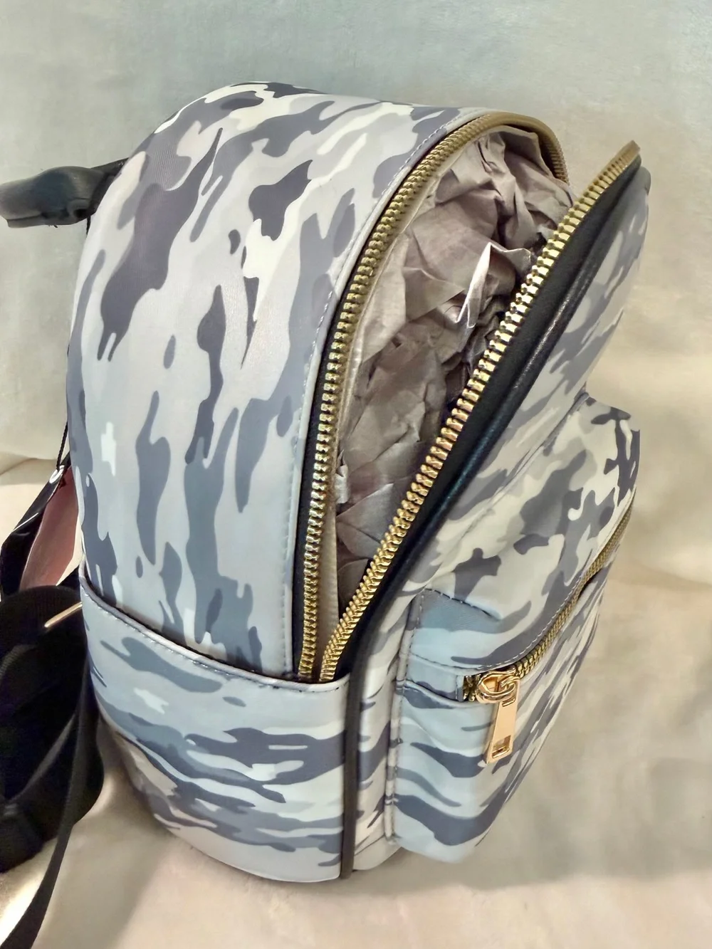 Gray Camo Mini Backpack Convertable Handbag, Adjustable Straps & Gold Hardware
